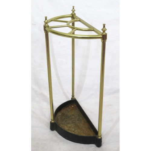 234 - Edwardian demi-lune brass umbrella & stick stand with shaped finials & tray