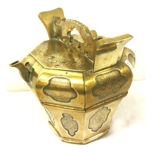 242 - Oriental hexagonal shaped brass teapot of hexagonal tapering form, with sliding shelf, shaped handle... 