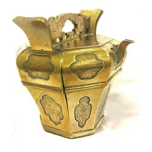 242 - Oriental hexagonal shaped brass teapot of hexagonal tapering form, with sliding shelf, shaped handle... 