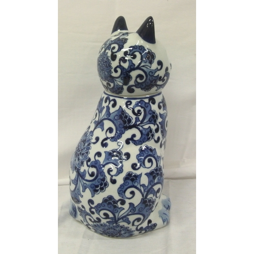 247 - Dutch Delft figure of a cat with blue & white decoration