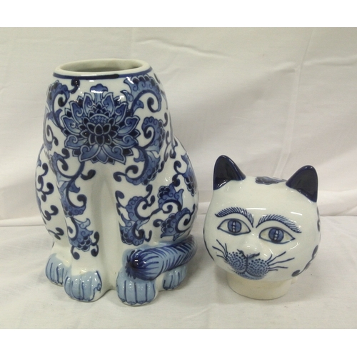 247 - Dutch Delft figure of a cat with blue & white decoration