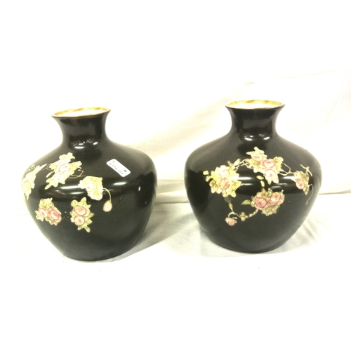 252 - Pair of Windsor artware ebonised flower vases by Gibson & Sons, Burslem, England, with parakeets & f... 