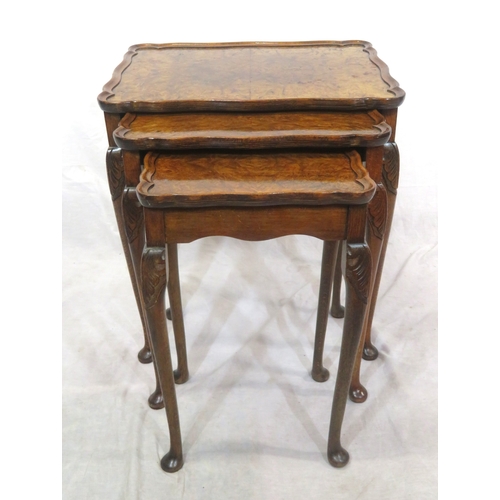 254 - Victorian style walnut nest of three tables with raised wavy borders & cabriole legs with pad feet