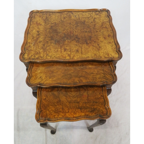 254 - Victorian style walnut nest of three tables with raised wavy borders & cabriole legs with pad feet