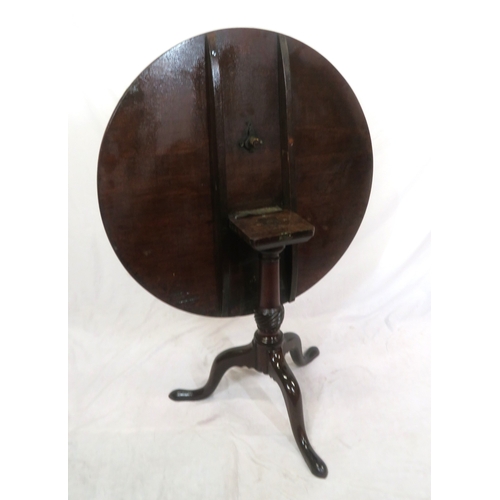 260 - Victorian mahogany round centre table with tip-up top, turned column, on hipped tripod