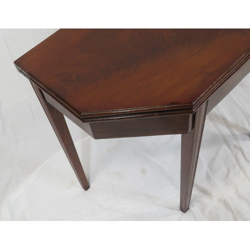 270 - Edwardian mahogany hexagonal shaped tea table with fold-over top, pull-out gateleg support, angled c... 