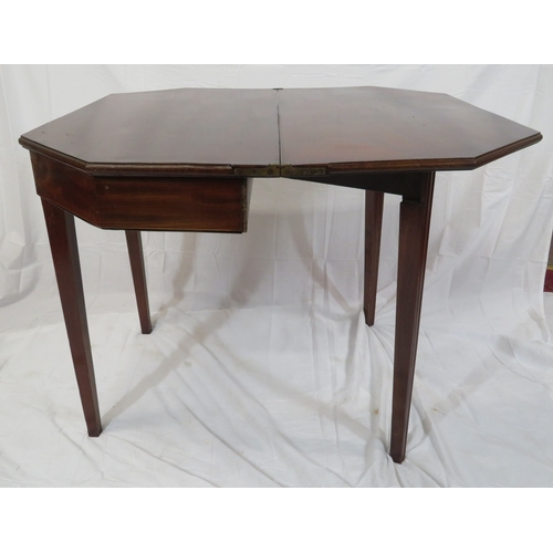 270 - Edwardian mahogany hexagonal shaped tea table with fold-over top, pull-out gateleg support, angled c... 