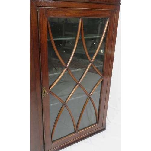 286 - Edwardian mahogany corner wall display cabinet with angled top, glazed door, with shelved interior