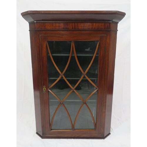 286 - Edwardian mahogany corner wall display cabinet with angled top, glazed door, with shelved interior