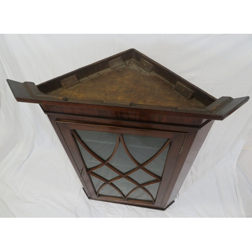 286 - Edwardian mahogany corner wall display cabinet with angled top, glazed door, with shelved interior