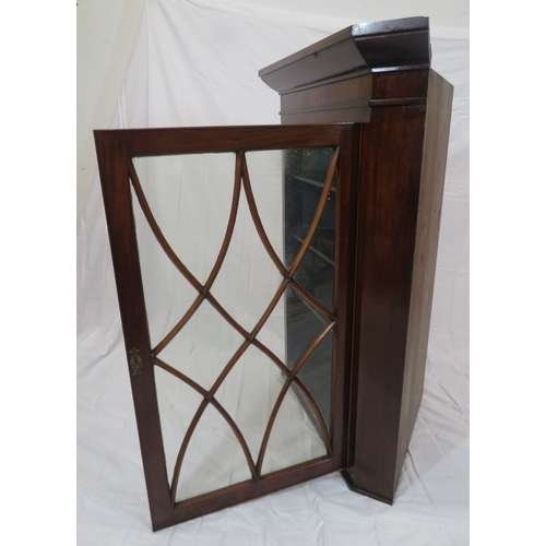 286 - Edwardian mahogany corner wall display cabinet with angled top, glazed door, with shelved interior