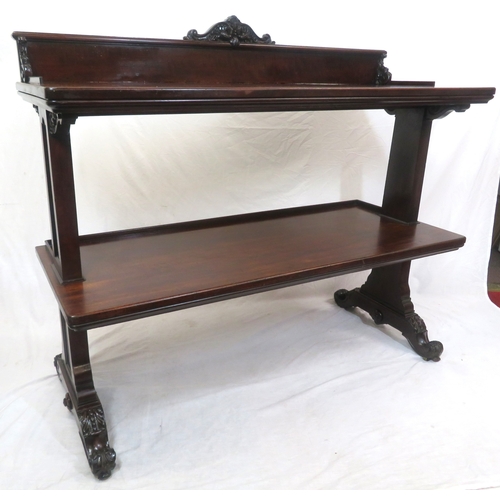 290 - Victorian mahogany three tier dumbwaiter with railed back, foliate carving, on scroll feet