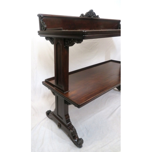 290 - Victorian mahogany three tier dumbwaiter with railed back, foliate carving, on scroll feet