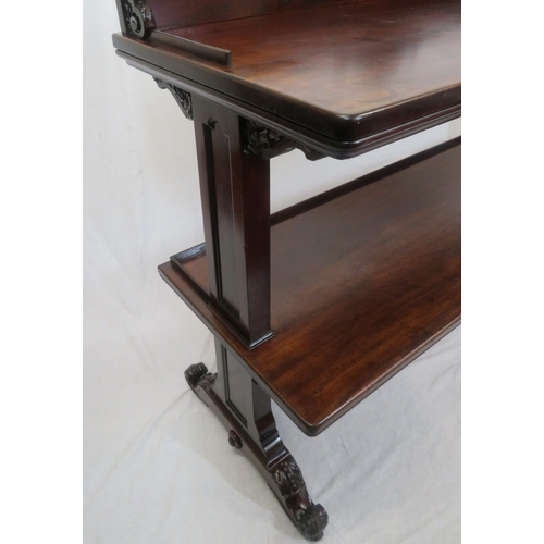 290 - Victorian mahogany three tier dumbwaiter with railed back, foliate carving, on scroll feet