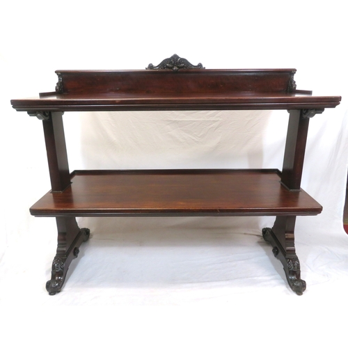 290 - Victorian mahogany three tier dumbwaiter with railed back, foliate carving, on scroll feet