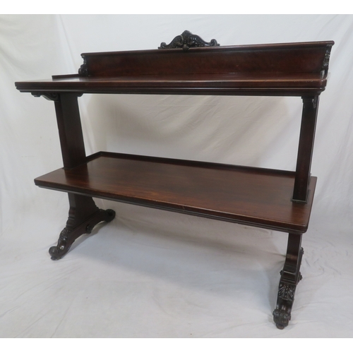 290 - Victorian mahogany three tier dumbwaiter with railed back, foliate carving, on scroll feet