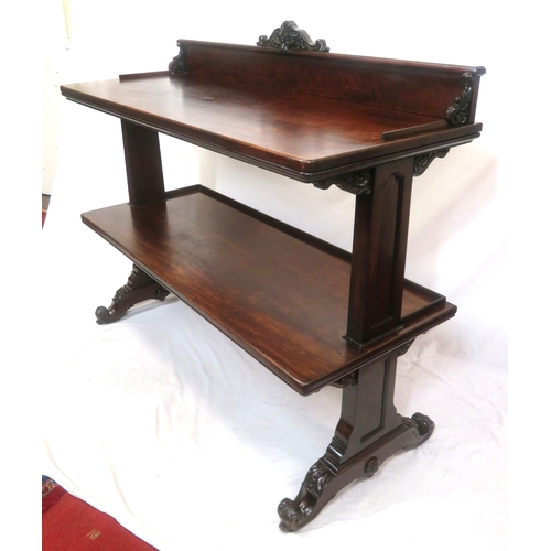 290 - Victorian mahogany three tier dumbwaiter with railed back, foliate carving, on scroll feet