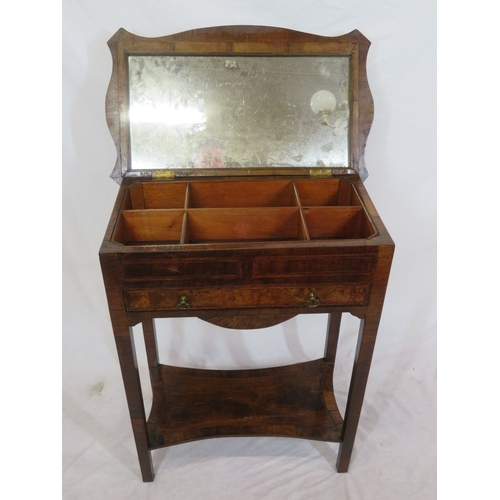 291 - Edwardian inlaid mahogany & rosewood work table with serpentine sides, mirrored lift-up lid, section... 