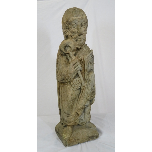 292 - Vintage old stone carved statue of St Peter with Keys to Heaven, on shaped base 70cm