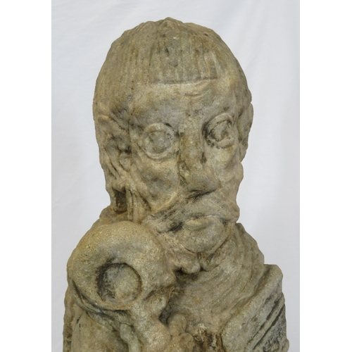 292 - Vintage old stone carved statue of St Peter with Keys to Heaven, on shaped base 70cm