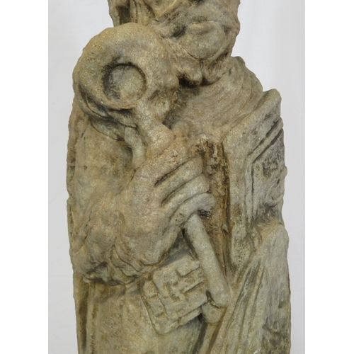 292 - Vintage old stone carved statue of St Peter with Keys to Heaven, on shaped base 70cm