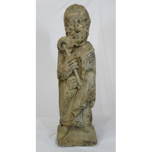 292 - Vintage old stone carved statue of St Peter with Keys to Heaven, on shaped base 70cm