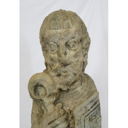 292 - Vintage old stone carved statue of St Peter with Keys to Heaven, on shaped base 70cm