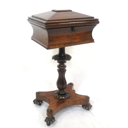 300 - William IV rosewood teapoy with sarcophagus shaped top, fitted & lined interior, raised on ornate fo... 