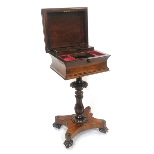 300 - William IV rosewood teapoy with sarcophagus shaped top, fitted & lined interior, raised on ornate fo... 