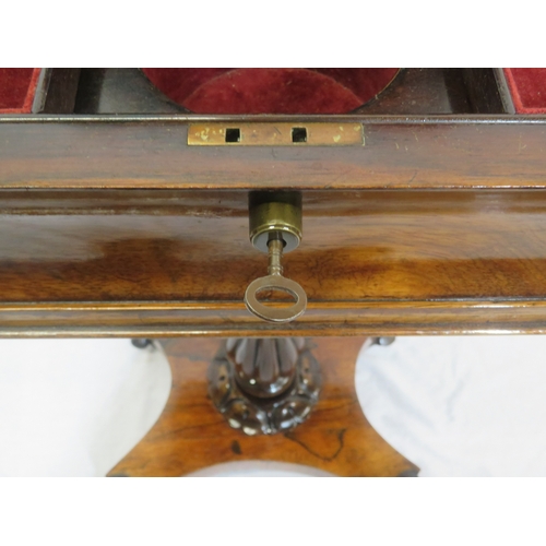 300 - William IV rosewood teapoy with sarcophagus shaped top, fitted & lined interior, raised on ornate fo... 