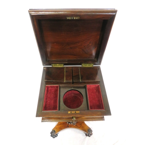 300 - William IV rosewood teapoy with sarcophagus shaped top, fitted & lined interior, raised on ornate fo... 