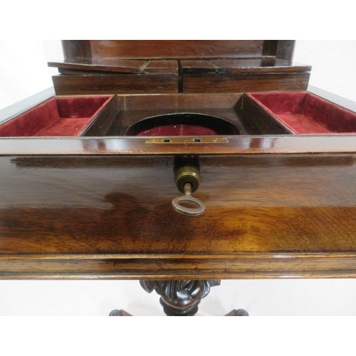 300 - William IV rosewood teapoy with sarcophagus shaped top, fitted & lined interior, raised on ornate fo... 