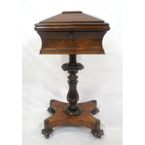 300 - William IV rosewood teapoy with sarcophagus shaped top, fitted & lined interior, raised on ornate fo... 