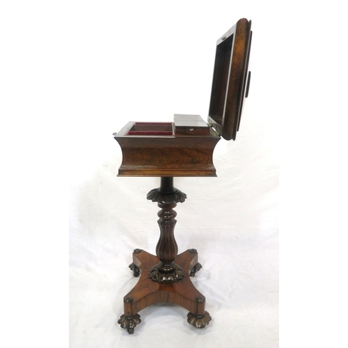 300 - William IV rosewood teapoy with sarcophagus shaped top, fitted & lined interior, raised on ornate fo... 