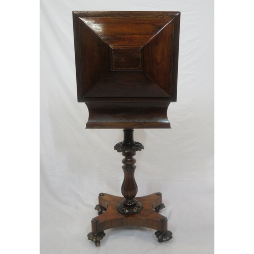 300 - William IV rosewood teapoy with sarcophagus shaped top, fitted & lined interior, raised on ornate fo... 