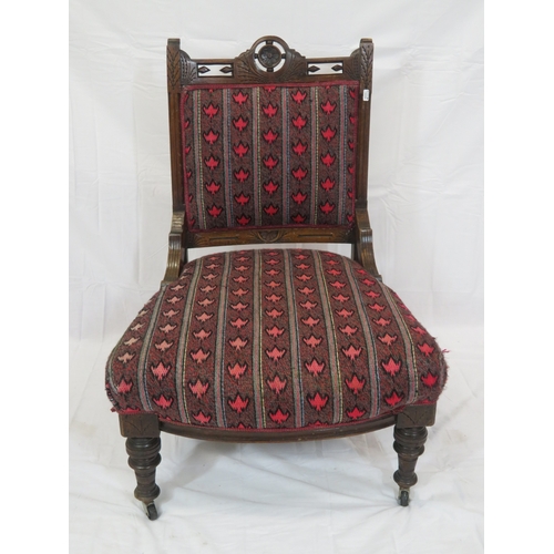 319 - Victorian mahogany ladies chair with pierced carved decoration, foliate upholstery, on turned legs