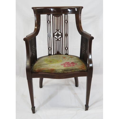 321 - Edwardian inlaid mahogany tub armchair with shaped arms & backs, inlaid rails, serpentine fronted se... 