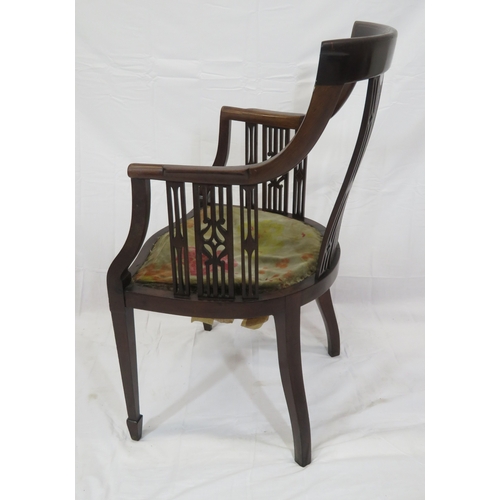 321 - Edwardian inlaid mahogany tub armchair with shaped arms & backs, inlaid rails, serpentine fronted se... 