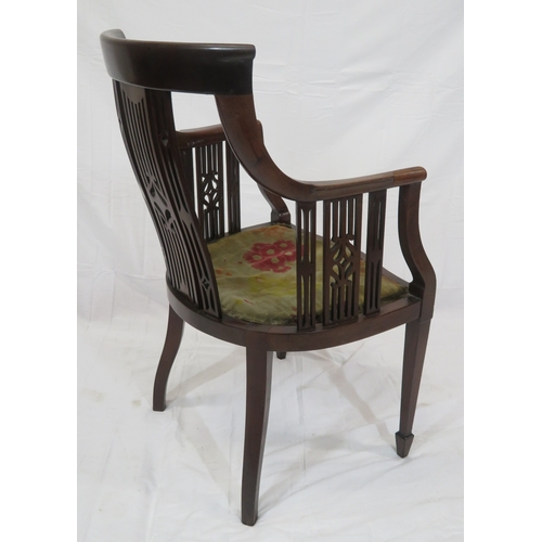 321 - Edwardian inlaid mahogany tub armchair with shaped arms & backs, inlaid rails, serpentine fronted se... 