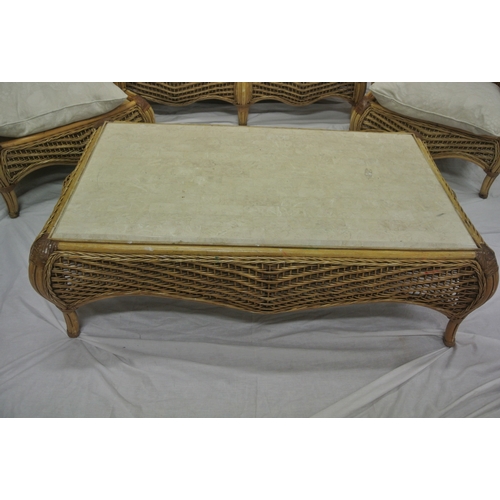 322 - Four piece cane & rattan conservatory or patio suite with serpentine backs, shaped legs, & table wit... 