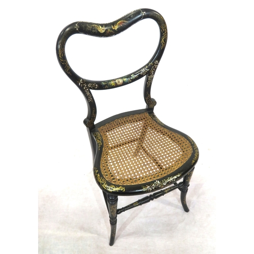 323 - Oriental style ebonised occasional chair with ornate bird & foliate decoration, cane seat, shaped le... 