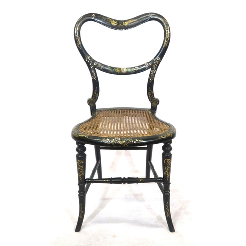 323 - Oriental style ebonised occasional chair with ornate bird & foliate decoration, cane seat, shaped le... 