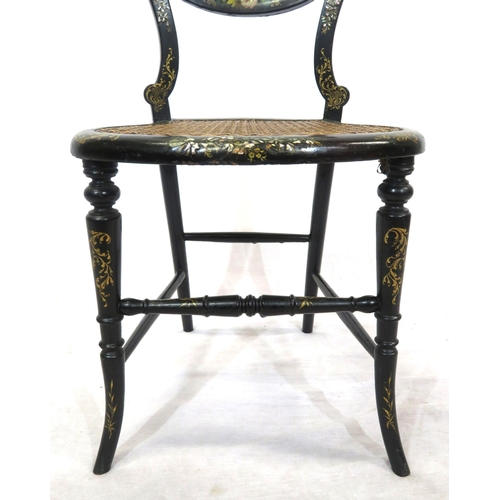 323 - Oriental style ebonised occasional chair with ornate bird & foliate decoration, cane seat, shaped le... 