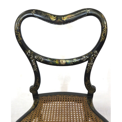 323 - Oriental style ebonised occasional chair with ornate bird & foliate decoration, cane seat, shaped le... 