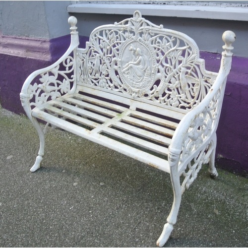 325 - Ornate cast iron garden seat decorated with birds, figure & foliage