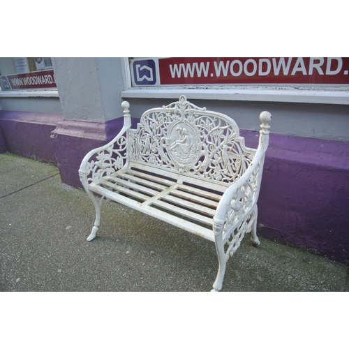 325 - Ornate cast iron garden seat decorated with birds, figure & foliage