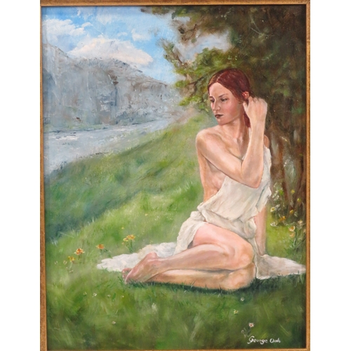41 - George Oak 'Portrait of a girl in a meadow' oil on board 34x26cm signed