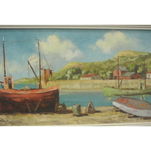 44 - English school 'River scene with boats' oil on canvas 39x80cm signed