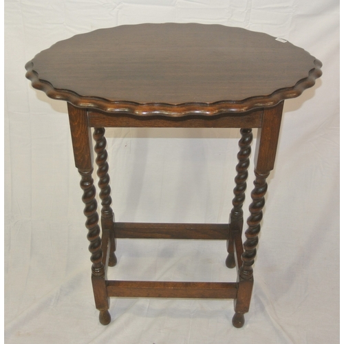 61 - Edwardian oval oak occasional table with wavy border, barleytwist legs & stretchers