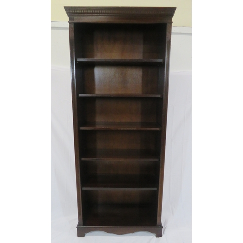 70 - Edwardian style tall bookcase with dentil frieze, adjustable shelving, on bracket feet